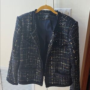 Tahari Navy Tweed Open-Front Blazer with Metallic Thread